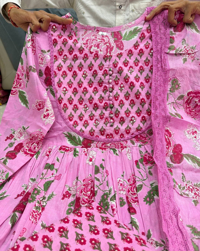 The Summer Grace Pure Jaipuri Cotton Printed Anarkali Set | Best for Ethnic Wear - Rosepetals Luxe