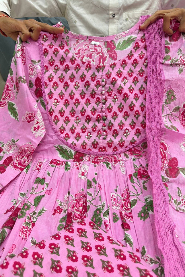 The Summer Grace Pure Jaipuri Cotton Printed Anarkali Set | Best for Ethnic Wear - Rosepetals Luxe