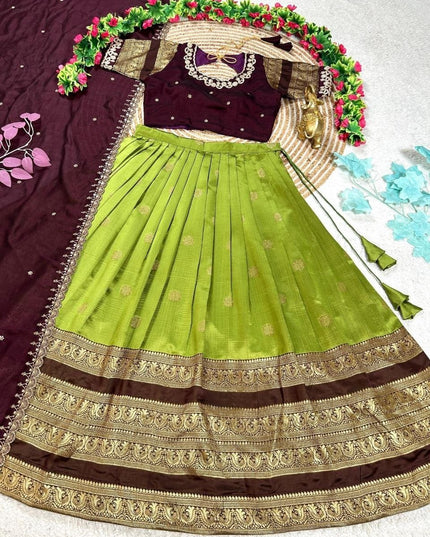 Three Layer Half Saree Set | Pure Silk Lehenga & Embroidered Rangoli Silk Blouse with Dupatta | Festive & Bridal Indian Wear - Rosepetals Luxe