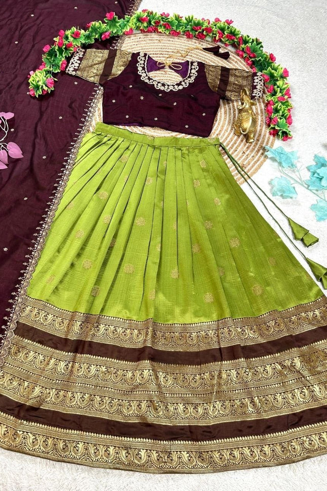 Three Layer Half Saree Set | Pure Silk Lehenga & Embroidered Rangoli Silk Blouse with Dupatta | Festive & Bridal Indian Wear - Rosepetals Luxe