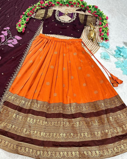 Three Layer Half Saree Set | Pure Silk Lehenga & Embroidered Rangoli Silk Blouse with Dupatta | Festive & Bridal Indian Wear - Rosepetals Luxe