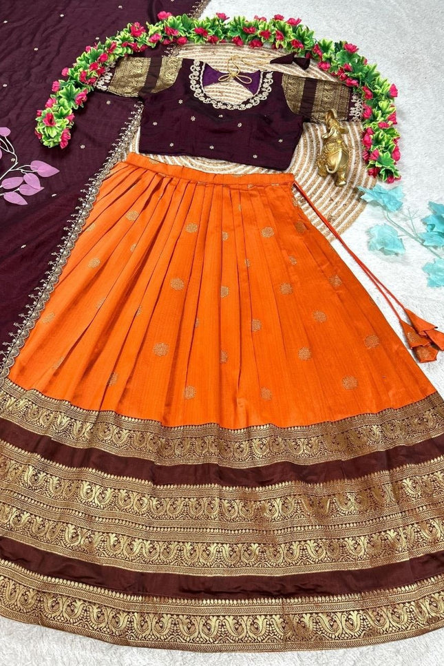 Three Layer Half Saree Set | Pure Silk Lehenga & Embroidered Rangoli Silk Blouse with Dupatta | Festive & Bridal Indian Wear - Rosepetals Luxe