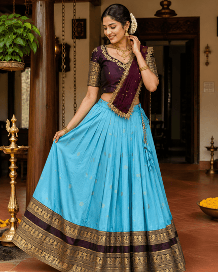 Three Layer Half Saree Set | Pure Silk Lehenga & Embroidered Rangoli Silk Blouse with Dupatta | Festive & Bridal Indian Wear - Rosepetals Luxe