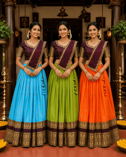 Three Layer Half Saree Set | Pure Silk Lehenga & Embroidered Rangoli Silk Blouse with Dupatta | Festive & Bridal Indian Wear - Rosepetals Luxe