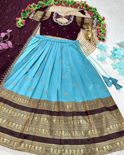 Three Layer Half Saree Set | Pure Silk Lehenga & Embroidered Rangoli Silk Blouse with Dupatta | Festive & Bridal Indian Wear - Rosepetals Luxe