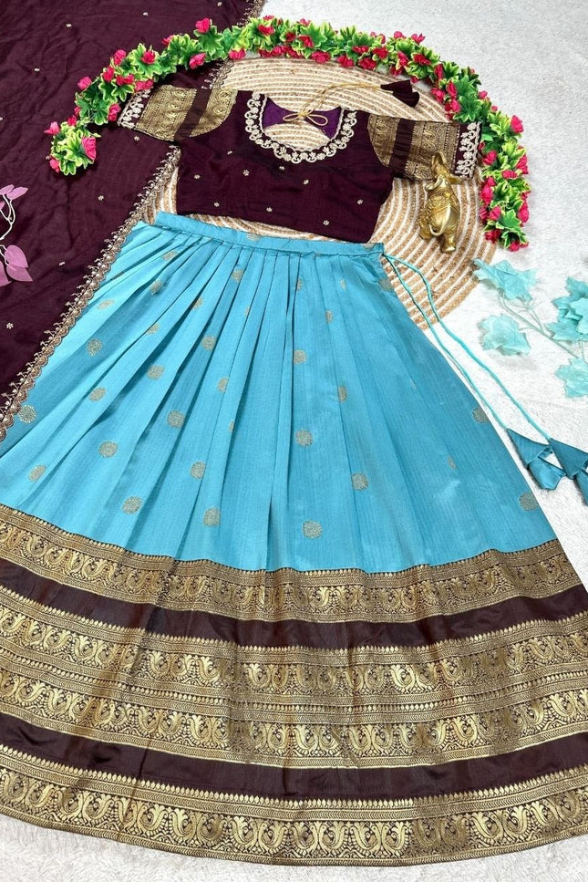 Three Layer Half Saree Set | Pure Silk Lehenga & Embroidered Rangoli Silk Blouse with Dupatta | Festive & Bridal Indian Wear - Rosepetals Luxe