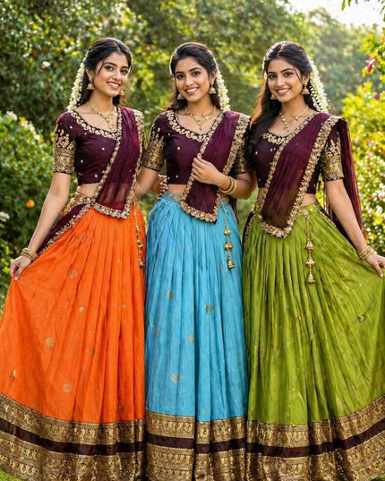 Three Layer Half Saree Set | Pure Silk Lehenga & Embroidered Rangoli Silk Blouse with Dupatta | Festive & Bridal Indian Wear - Rosepetals Luxe