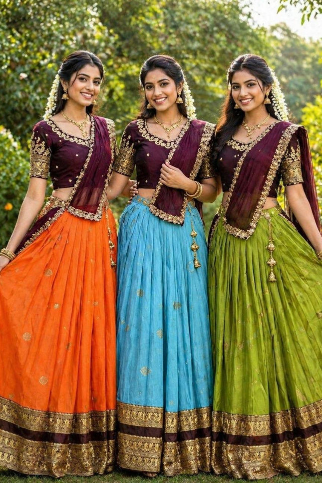 Three Layer Half Saree Set | Pure Silk Lehenga & Embroidered Rangoli Silk Blouse with Dupatta | Festive & Bridal Indian Wear - Rosepetals Luxe