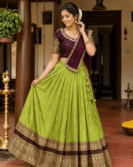 Three Layer Half Saree Set | Pure Silk Lehenga & Embroidered Rangoli Silk Blouse with Dupatta | Festive & Bridal Indian Wear - Rosepetals Luxe