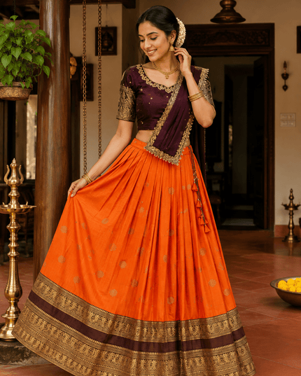 Three Layer Half Saree Set | Pure Silk Lehenga & Embroidered Rangoli Silk Blouse with Dupatta | Festive & Bridal Indian Wear - Rosepetals Luxe
