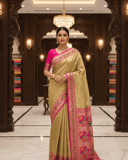 Tissue Paithani Saree | Meena Zari Pallu, Contrast Border & Brocade Blouse - Rosepetals Luxe