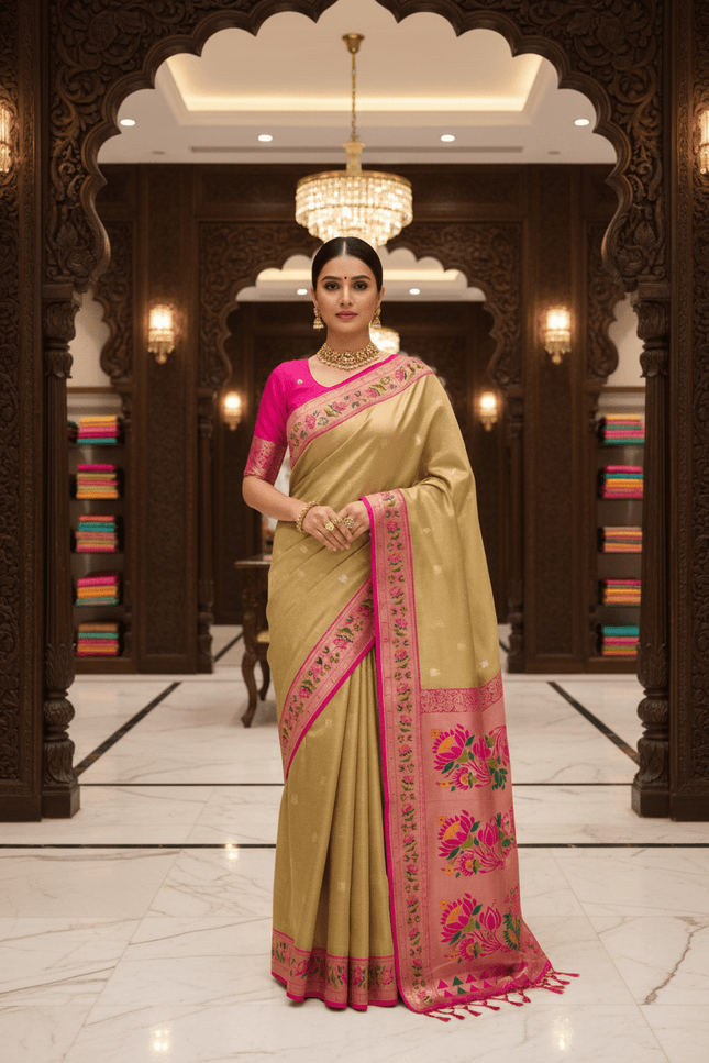Tissue Paithani Saree | Meena Zari Pallu, Contrast Border & Brocade Blouse - Rosepetals Luxe