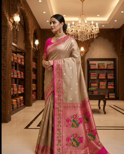 Tissue Paithani Saree | Meena Zari Pallu, Contrast Border & Brocade Blouse - Rosepetals Luxe