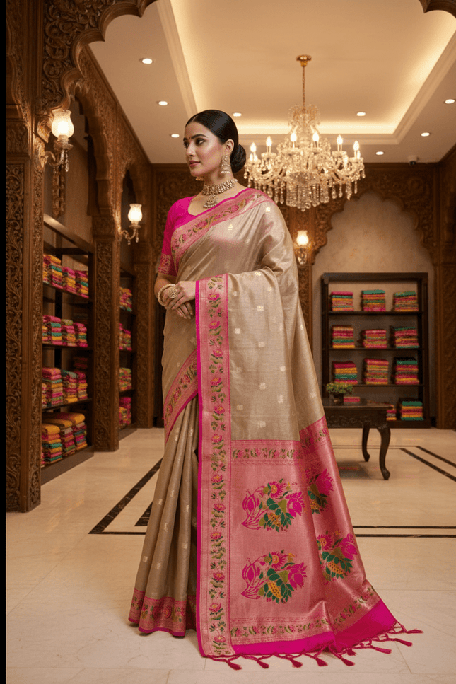 Tissue Paithani Saree | Meena Zari Pallu, Contrast Border & Brocade Blouse - Rosepetals Luxe