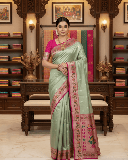 Tissue Paithani Saree | Meena Zari Pallu, Contrast Border & Brocade Blouse - Rosepetals Luxe