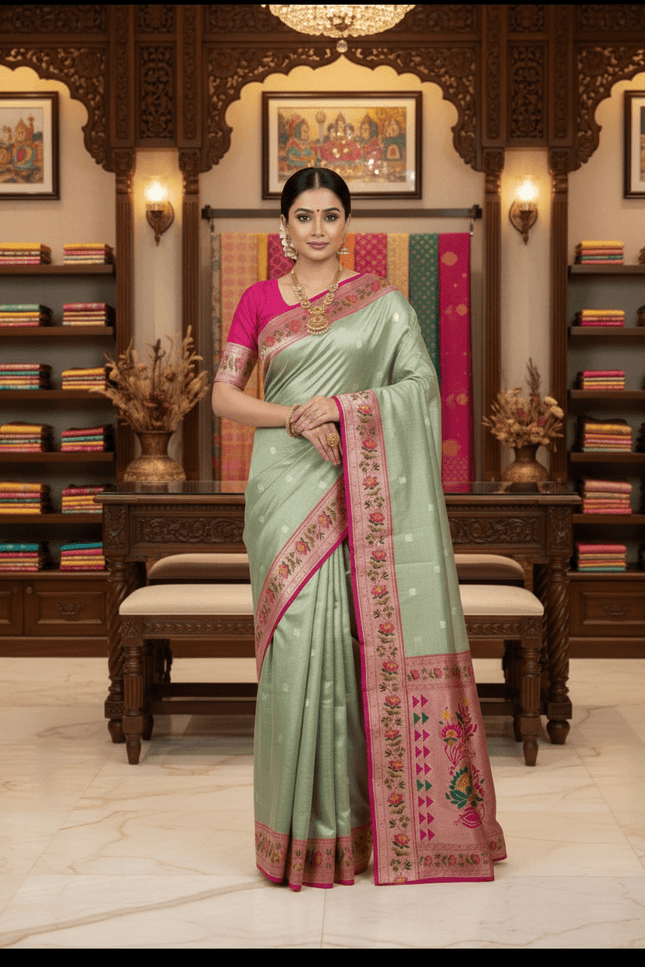 Tissue Paithani Saree | Meena Zari Pallu, Contrast Border & Brocade Blouse - Rosepetals Luxe
