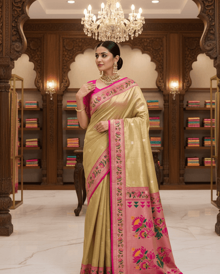 Tissue Paithani Saree | Meena Zari Pallu, Contrast Border & Brocade Blouse - Rosepetals Luxe
