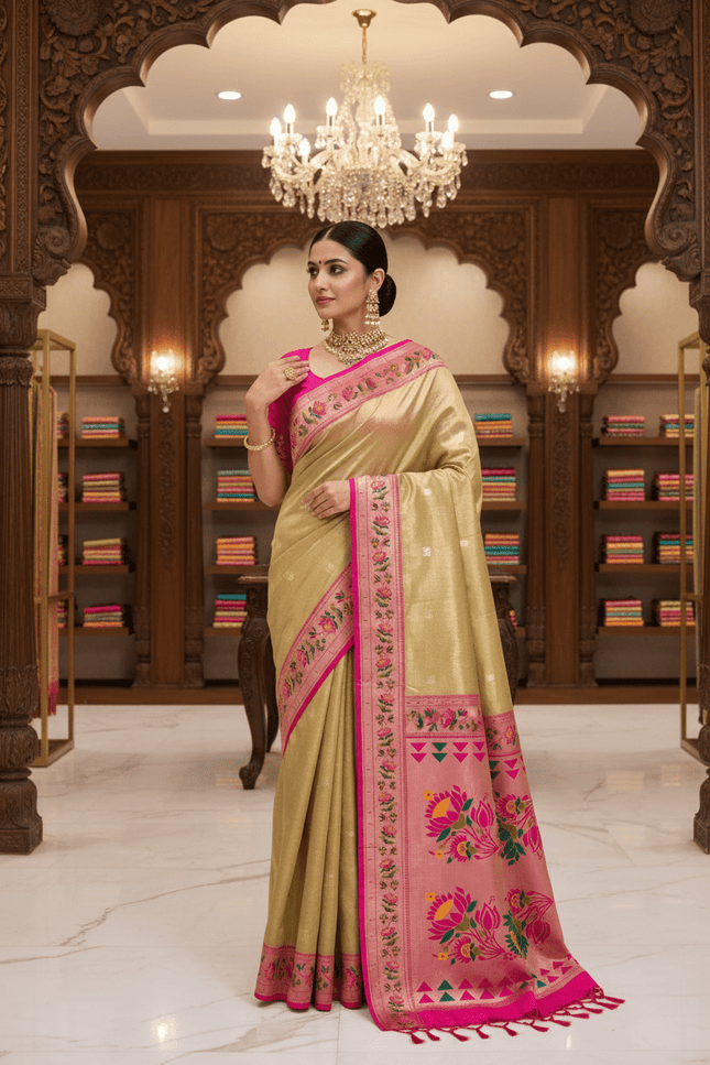 Tissue Paithani Saree | Meena Zari Pallu, Contrast Border & Brocade Blouse - Rosepetals Luxe