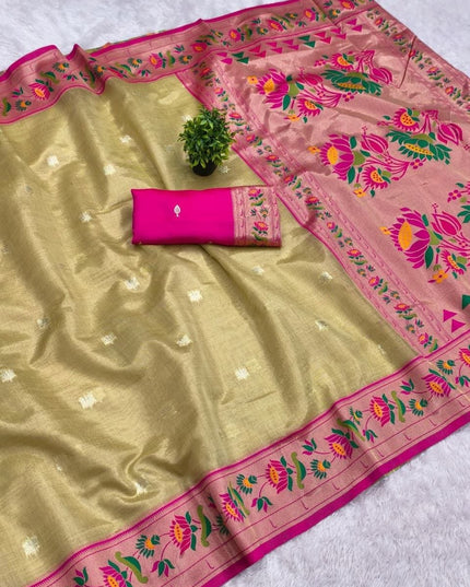 Tissue Paithani Saree | Meena Zari Pallu, Contrast Border & Brocade Blouse - Rosepetals Luxe