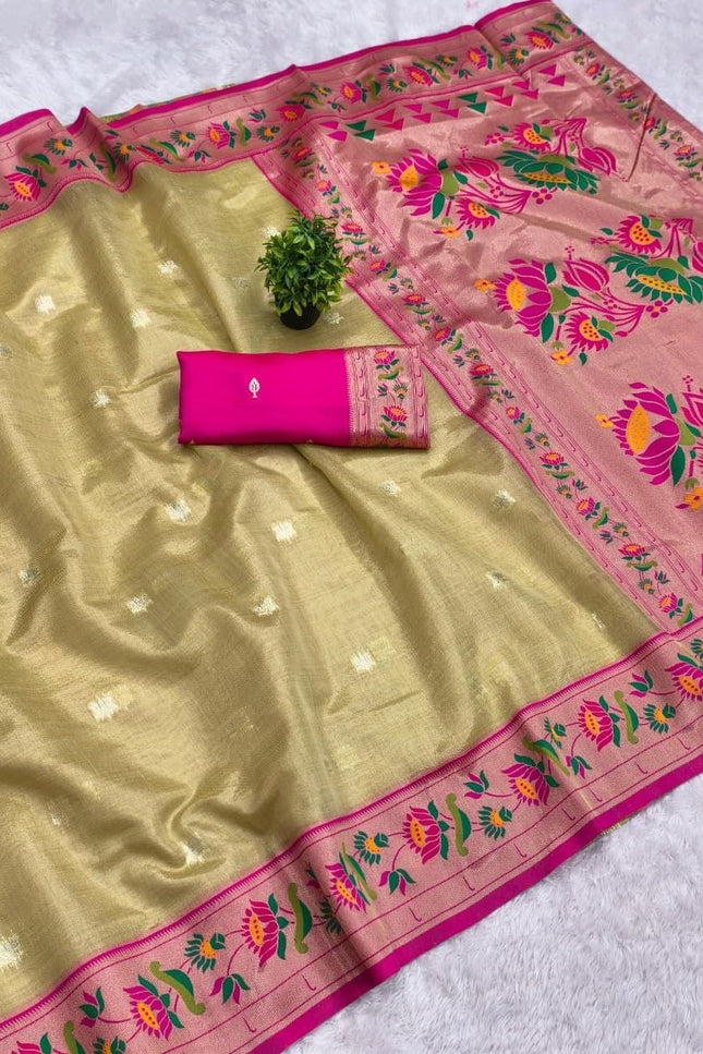 Tissue Paithani Saree | Meena Zari Pallu, Contrast Border & Brocade Blouse - Rosepetals Luxe