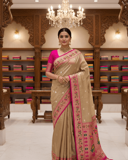 Tissue Paithani Saree | Meena Zari Pallu, Contrast Border & Brocade Blouse - Rosepetals Luxe