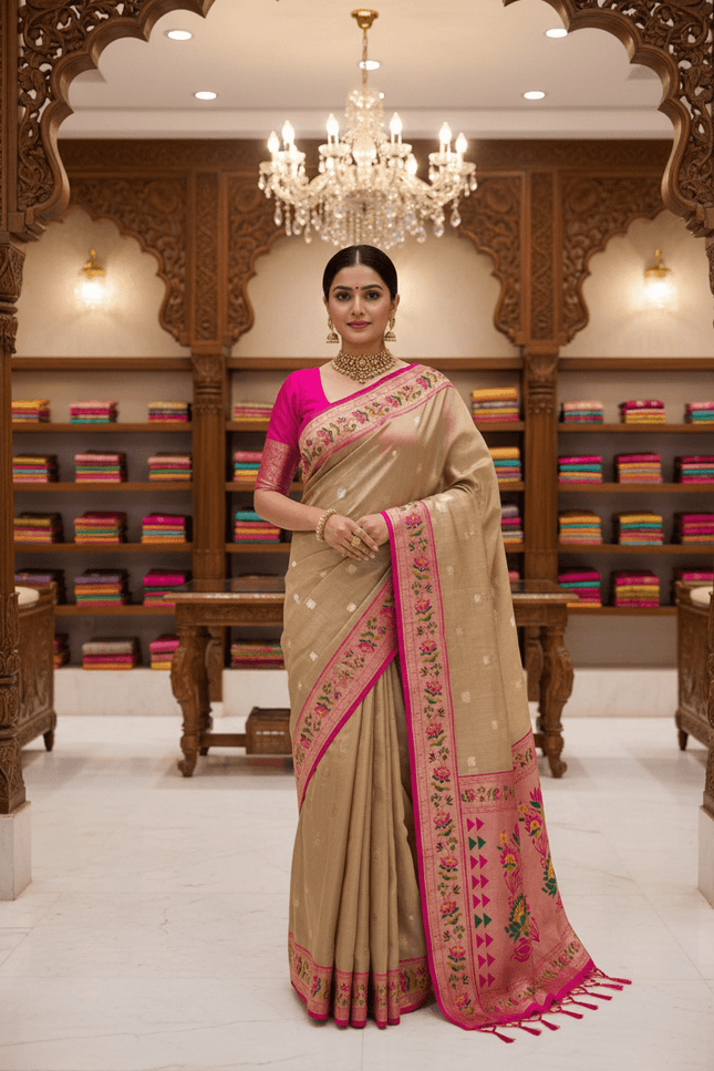 Tissue Paithani Saree | Meena Zari Pallu, Contrast Border & Brocade Blouse - Rosepetals Luxe