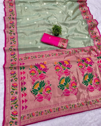 Tissue Paithani Saree | Meena Zari Pallu, Contrast Border & Brocade Blouse - Rosepetals Luxe