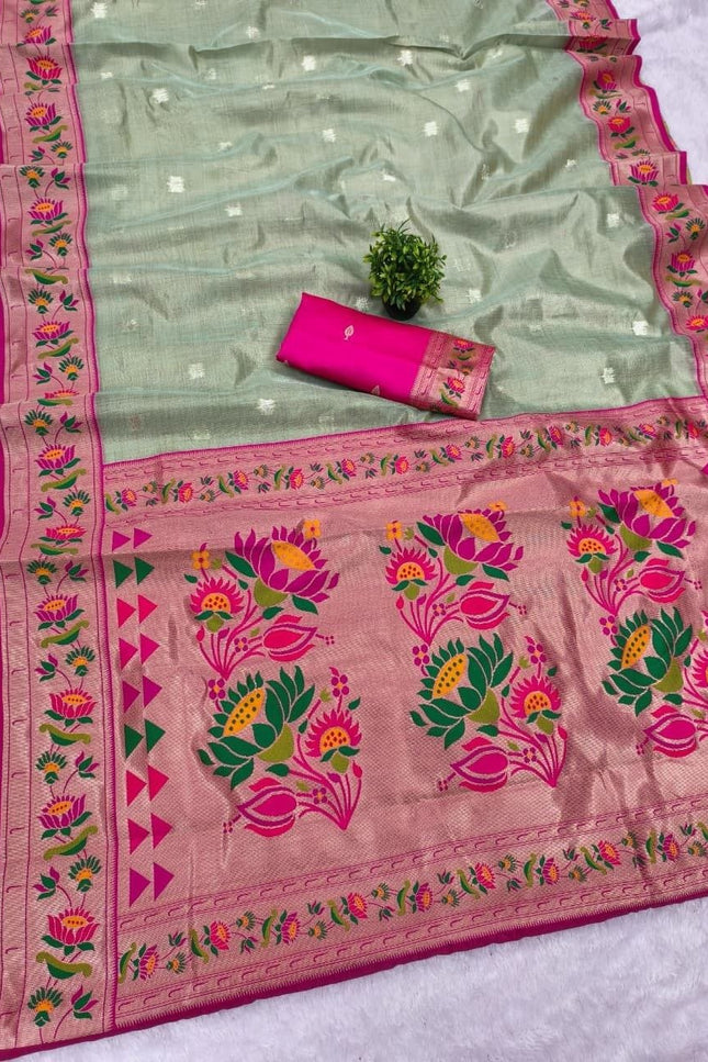 Tissue Paithani Saree | Meena Zari Pallu, Contrast Border & Brocade Blouse - Rosepetals Luxe