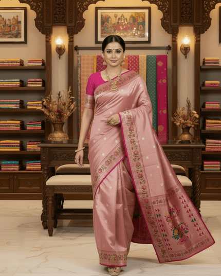 Tissue Paithani Saree | Meena Zari Pallu, Contrast Border & Brocade Blouse - Rosepetals Luxe
