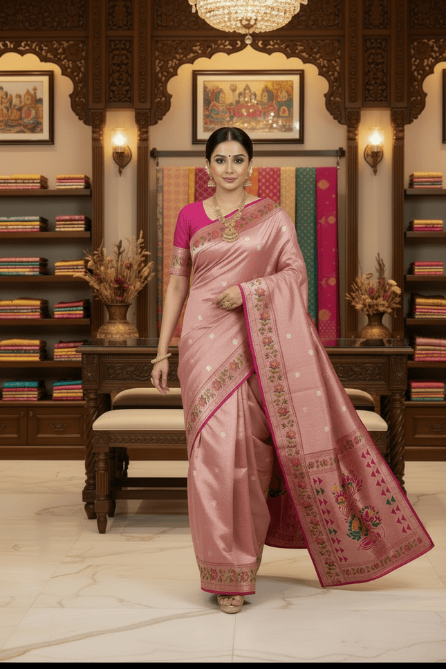 Tissue Paithani Saree | Meena Zari Pallu, Contrast Border & Brocade Blouse - Rosepetals Luxe