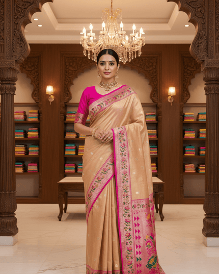 Tissue Paithani Saree | Meena Zari Pallu, Contrast Border & Brocade Blouse - Rosepetals Luxe