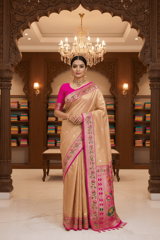 Tissue Paithani Saree | Meena Zari Pallu, Contrast Border & Brocade Blouse - Rosepetals Luxe