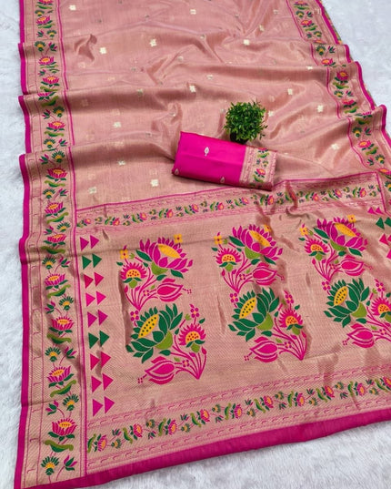 Tissue Paithani Saree | Meena Zari Pallu, Contrast Border & Brocade Blouse - Rosepetals Luxe