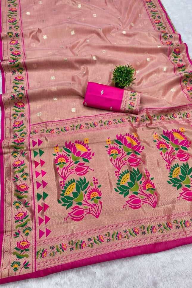Tissue Paithani Saree | Meena Zari Pallu, Contrast Border & Brocade Blouse - Rosepetals Luxe