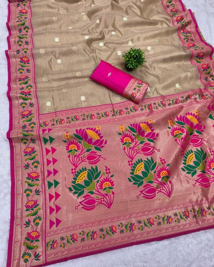 Tissue Paithani Saree | Meena Zari Pallu, Contrast Border & Brocade Blouse - Rosepetals Luxe