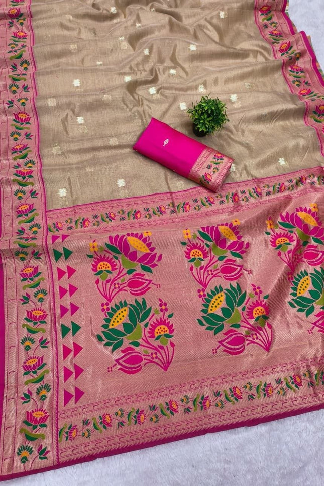 Tissue Paithani Saree | Meena Zari Pallu, Contrast Border & Brocade Blouse - Rosepetals Luxe