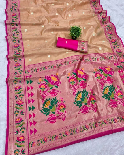 Tissue Paithani Saree | Meena Zari Pallu, Contrast Border & Brocade Blouse - Rosepetals Luxe
