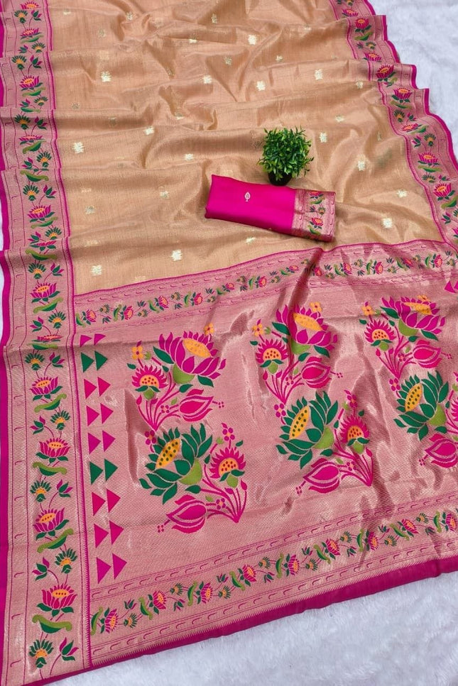 Tissue Paithani Saree | Meena Zari Pallu, Contrast Border & Brocade Blouse - Rosepetals Luxe