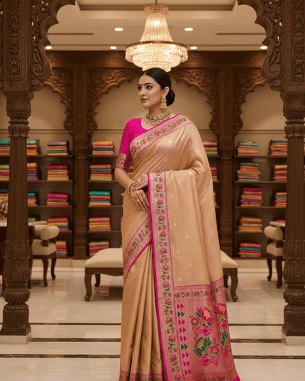 Tissue Paithani Saree | Meena Zari Pallu, Contrast Border & Brocade Blouse - Rosepetals Luxe