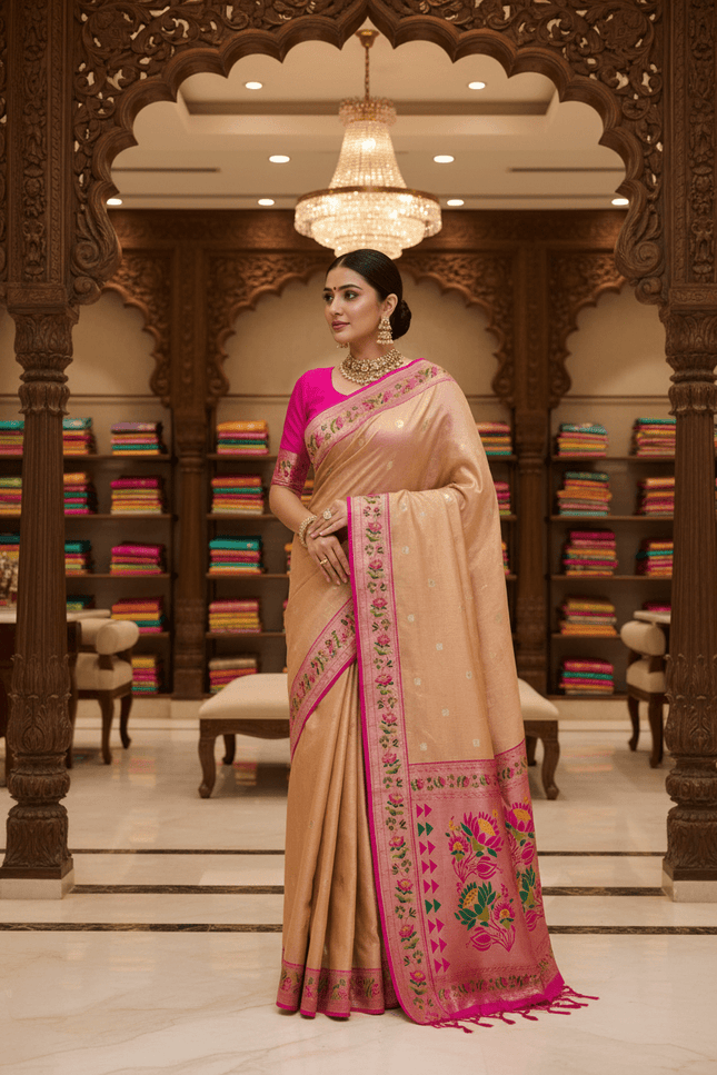Tissue Paithani Saree | Meena Zari Pallu, Contrast Border & Brocade Blouse - Rosepetals Luxe
