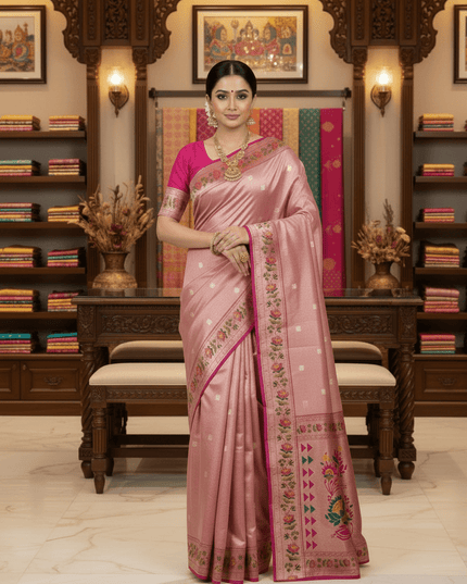 Tissue Paithani Saree | Meena Zari Pallu, Contrast Border & Brocade Blouse - Rosepetals Luxe