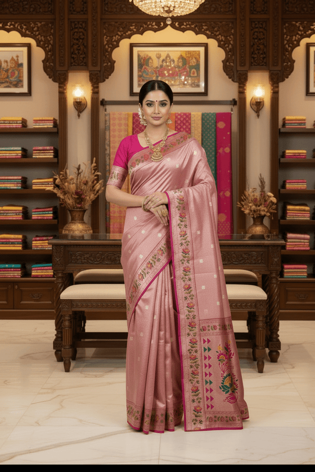 Tissue Paithani Saree | Meena Zari Pallu, Contrast Border & Brocade Blouse - Rosepetals Luxe