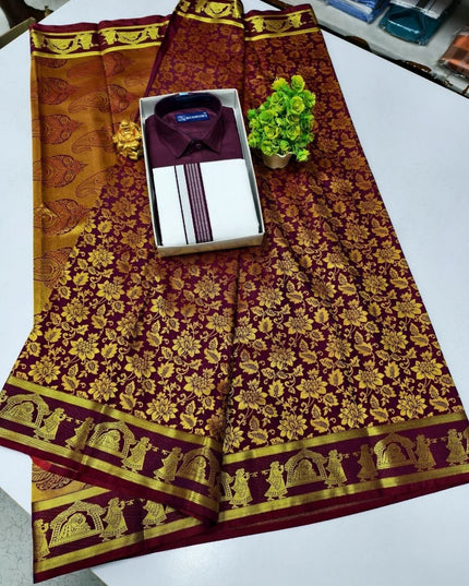 Traditional Couple Combo Set Kanchipuram Silk Saree & Cotton Dhoti - Shirt - Rosepetals Luxe