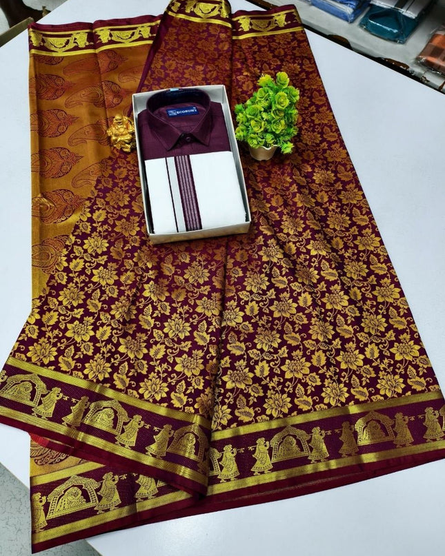 Traditional Couple Combo Set Kanchipuram Silk Saree & Cotton Dhoti - Shirt - Rosepetals Luxe