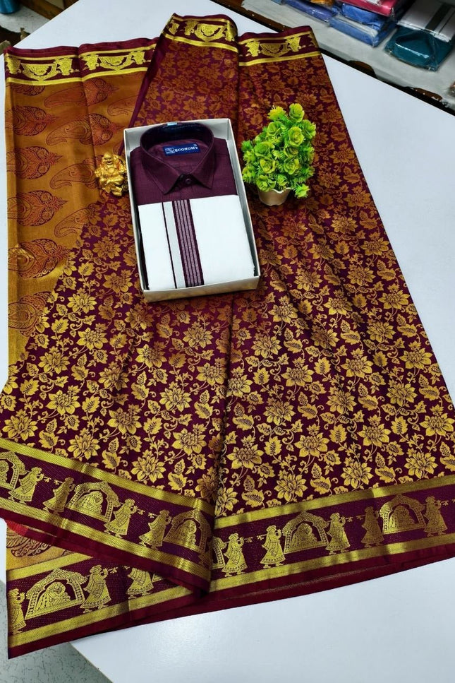 Traditional Couple Combo Set Kanchipuram Silk Saree & Cotton Dhoti - Shirt - Rosepetals Luxe