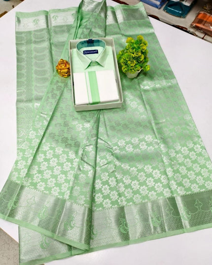Traditional Couple Combo Set Kanchipuram Silk Saree & Cotton Dhoti - Shirt - Rosepetals Luxe