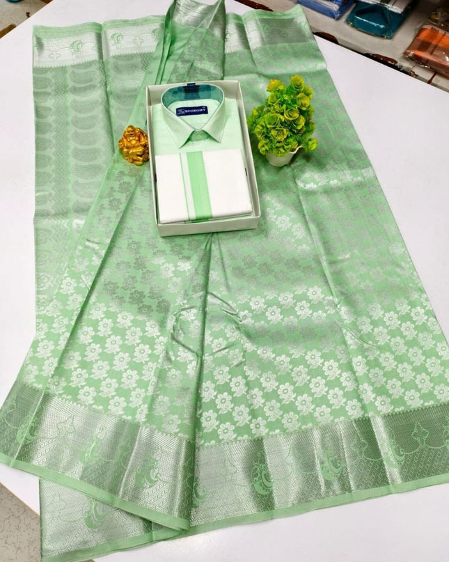 Traditional Couple Combo Set Kanchipuram Silk Saree & Cotton Dhoti - Shirt - Rosepetals Luxe