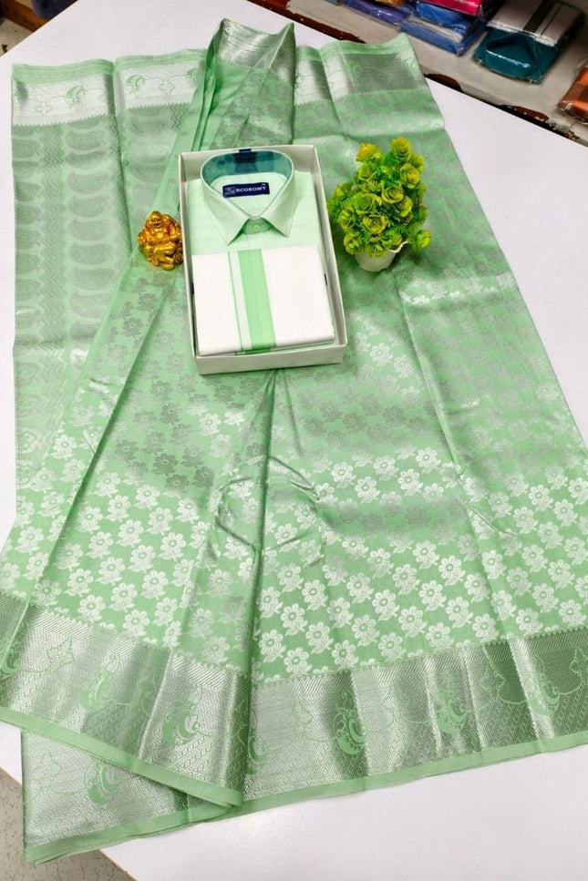 Traditional Couple Combo Set Kanchipuram Silk Saree & Cotton Dhoti - Shirt - Rosepetals Luxe