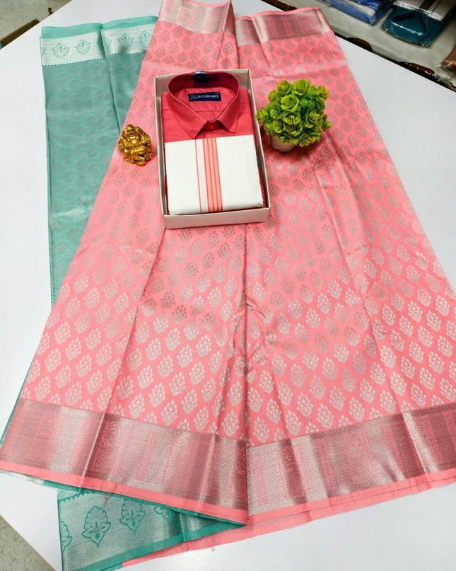 Traditional Couple Combo Set Kanchipuram Silk Saree & Cotton Dhoti - Shirt - Rosepetals Luxe