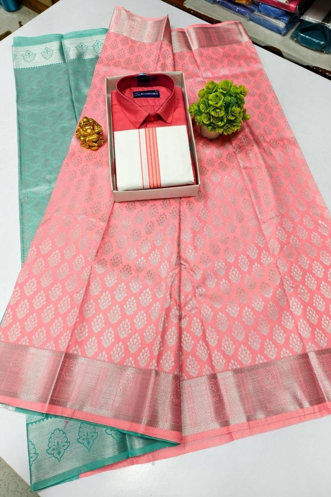 Traditional Couple Combo Set Kanchipuram Silk Saree & Cotton Dhoti - Shirt - Rosepetals Luxe